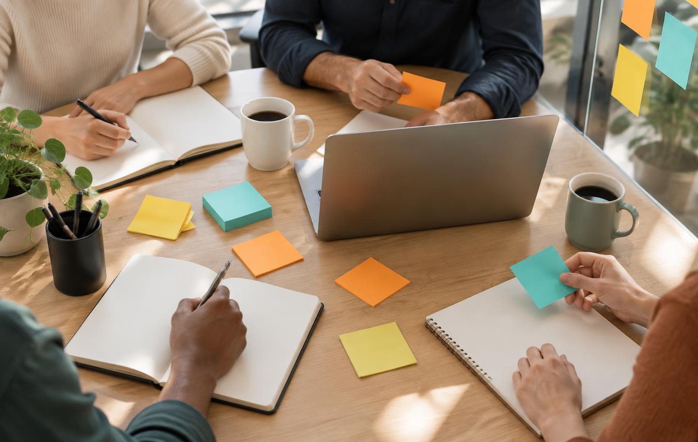 CapaPlanner teammates working together at a desk with notebooks and sticky notes